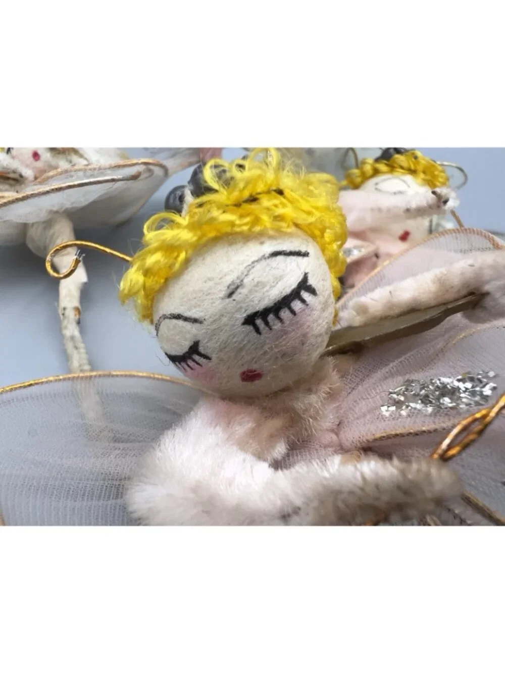Vintage Spun Cotton Angel Ornaments Lot 8 Mid Century Japan Tulle Chenille MCM